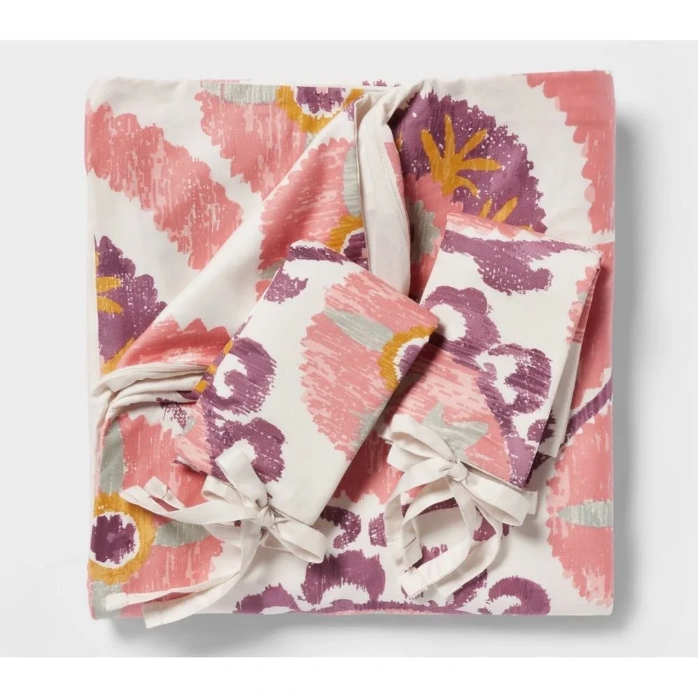 Threshold Full/Queen Printed Comforter Set Pink Purple Suzani Ikat 3pc Cotton